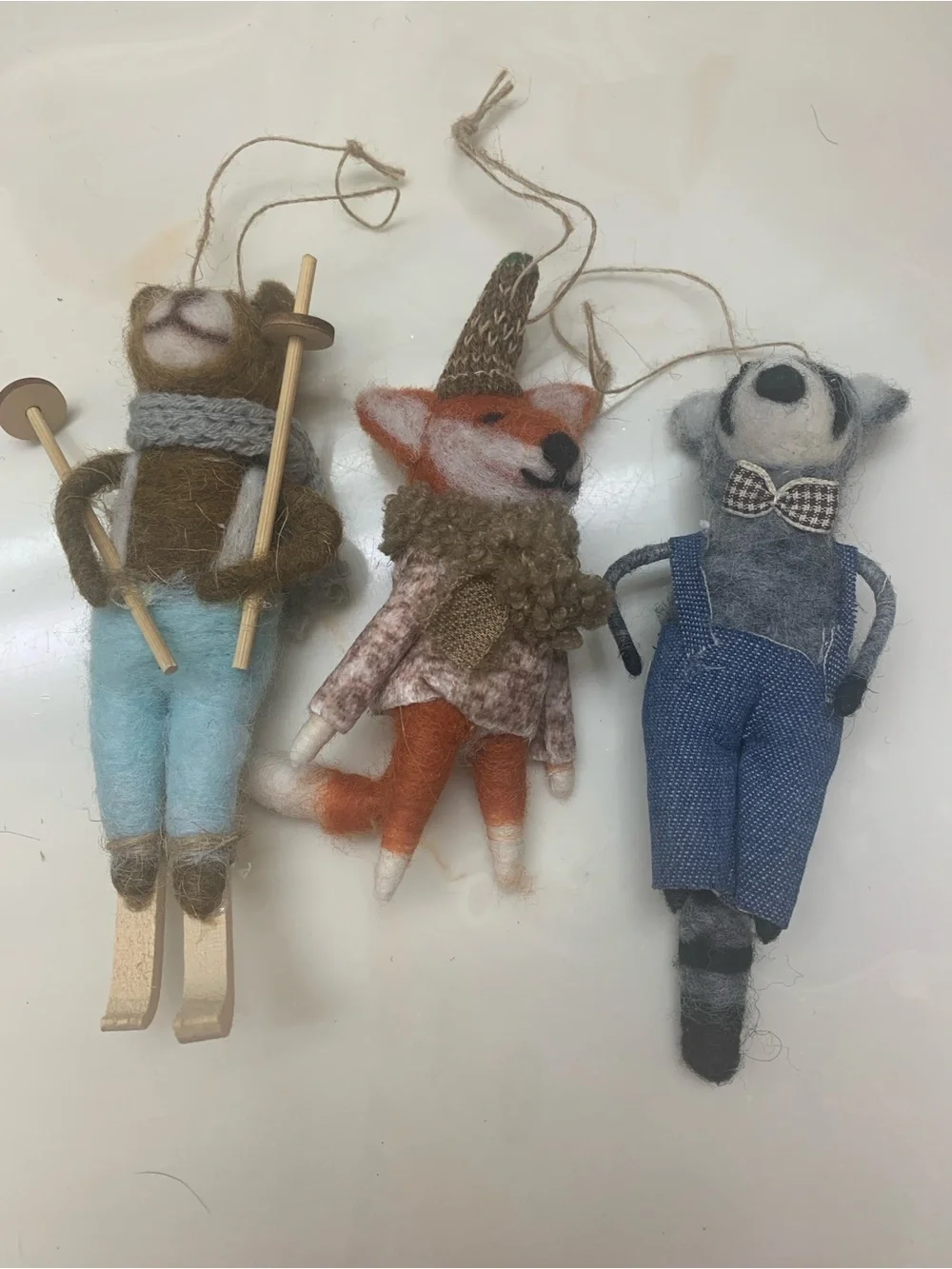 Wool Felt Animal Ornaments - Fox, Skiing Bear, and Raccoon